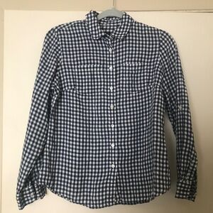 Talbots Linen Shirt S petite Navy Gingham plaid Roll Tab Long Sleeve button up
